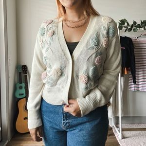 Vintage Cream Colored Crochet Cardigan Floral Med